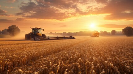 Fototapeta premium A powerful yellow tractor harvesting golden wheat at sunrise, with a warm orange hue filling the sky.