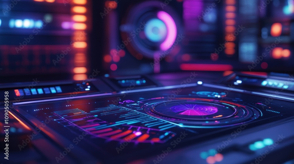 Poster a futuristic control panel with vibrant lights and data visualizations.