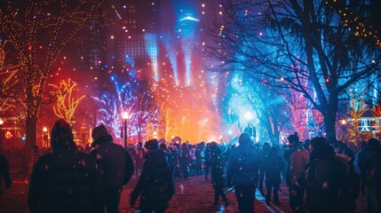 Obraz premium Vibrant night scene with festive lights and a crowd in winter.