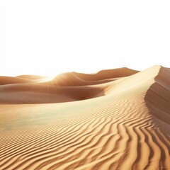 Rippled desert sand dunes under a clear sky.