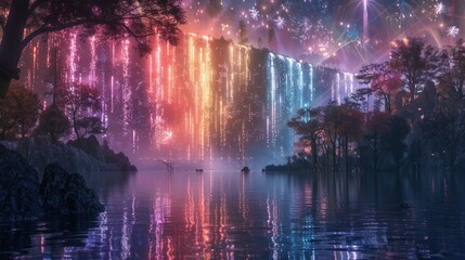 Fototapeta premium A vibrant waterfall illuminated by colorful lights at night.