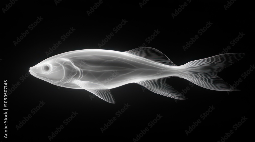 Poster a translucent fish illustration showcasing its skeletal structure against a dark background.