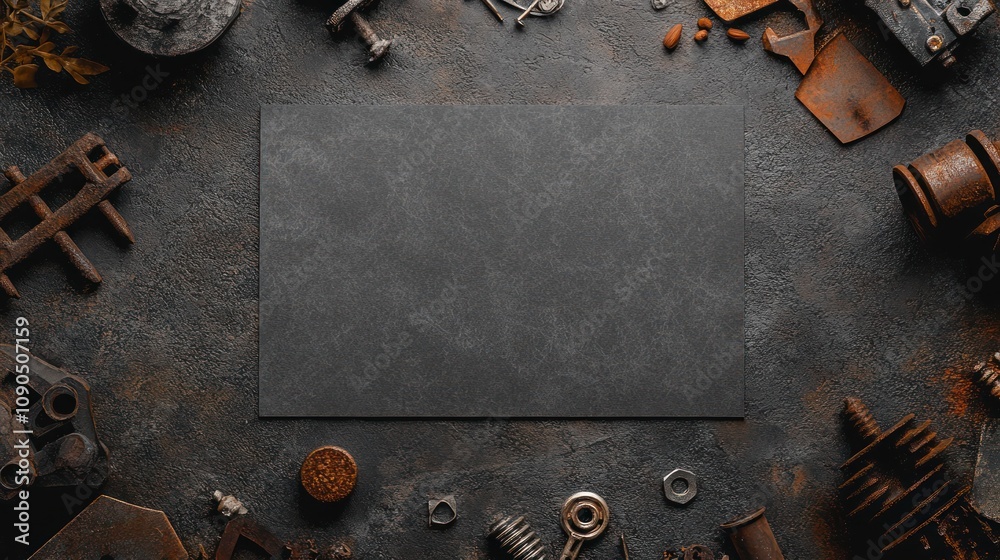 Poster A flat surface surrounded by various rusty tools and mechanical parts for creative projects.