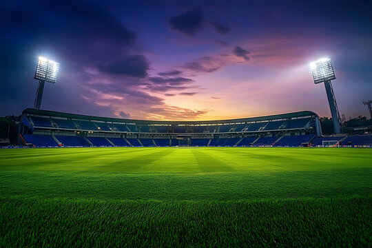 Stunning View of Illuminated Cricket Stadium at Dusk