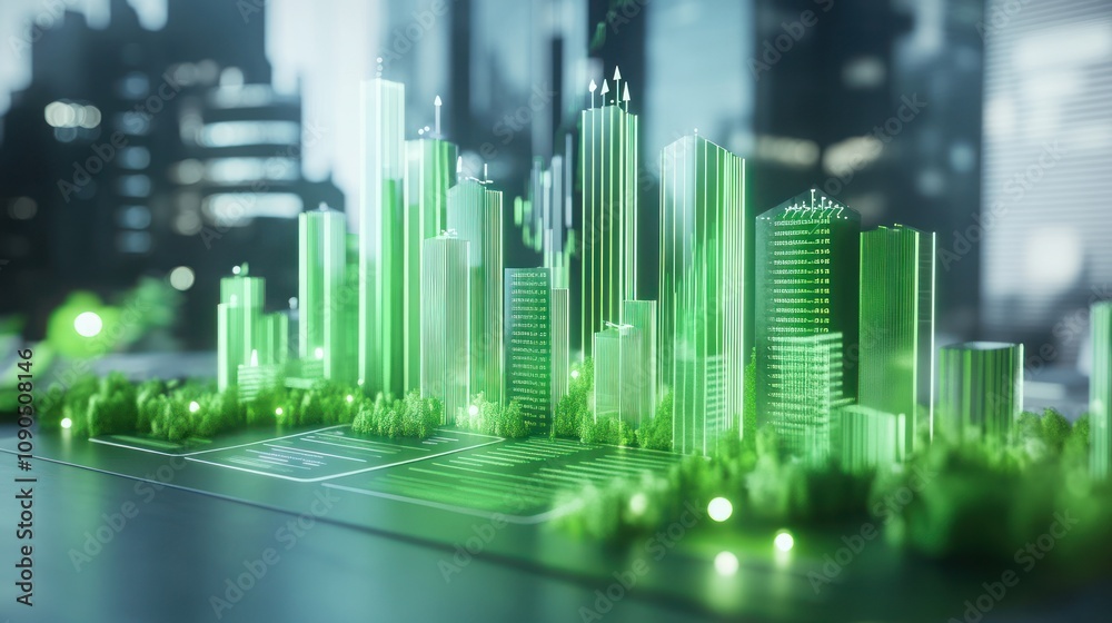 Poster a futuristic cityscape model featuring green architecture and sustainable design elements.