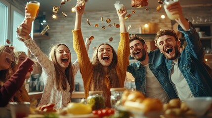 A joyful group of friends celebrating together with drinks, laughter, and delicious food in a cozy indoor setting.