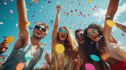 Obraz premium Group of young adults celebrate with confetti, exuding joy and energy at an outdoor festival.