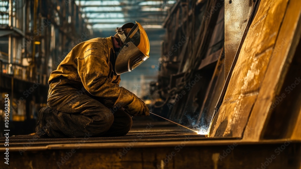 Aufkleber an intimate portrait of a welder in protective gear working on metal structures at a shipyard, shipb