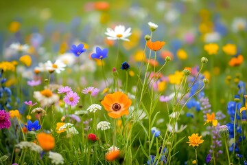 A stunning display of wildflowers fills the field, creating a colorful and serene landscape under the open sky.
