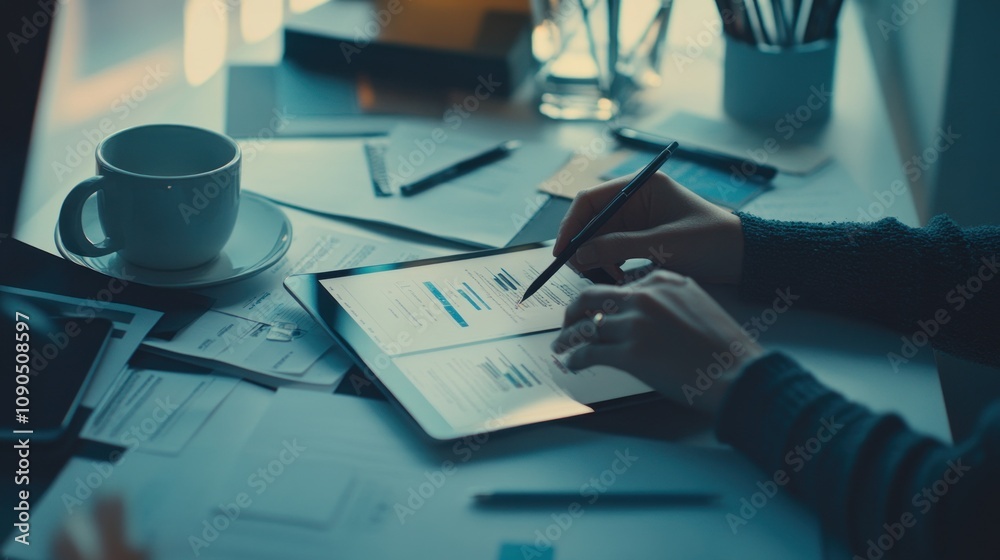 Poster a person working on a tablet surrounded by papers and a cup of coffee.