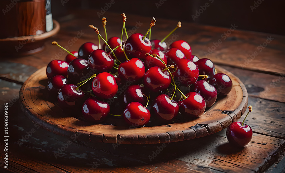 Poster a plate of cherries on a wooden table. there are many cherries on the plate. some of them are on the