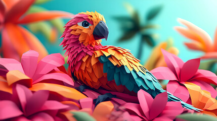 Obraz premium Vibrant Paper Parrot Amidst Tropical Flowers: A 3D Low-Poly Illustration of a Bird in a Lush, Colorful Paradise Setting