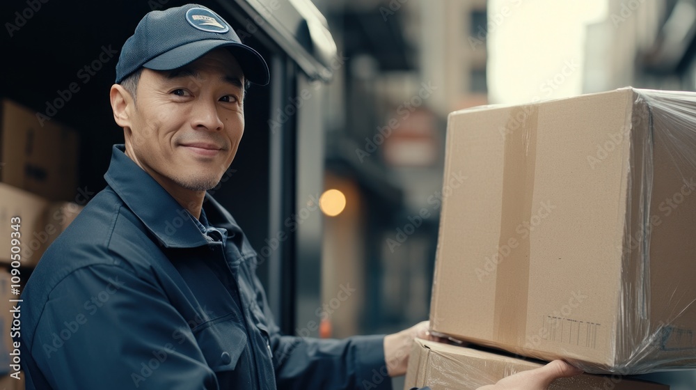 Poster a delivery person smiles while carrying boxes from a van in an urban setting.