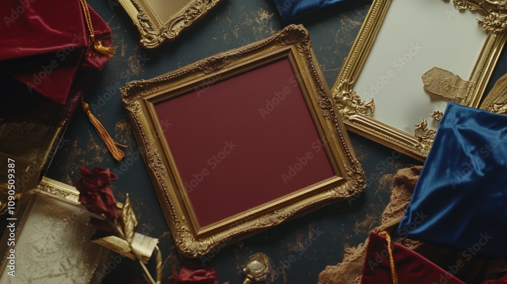 Poster a collection of ornate picture frames arranged artistically on a textured surface.