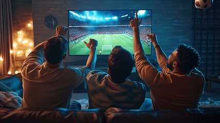 Three men cheer enthusiastically while watching a soccer game on a large screen TV in a cozy living room.