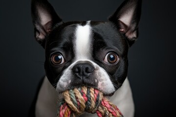 Fototapeta premium Boston Terrier with Toy in Mouth: A Boston Terrier holding a small squeaky toy