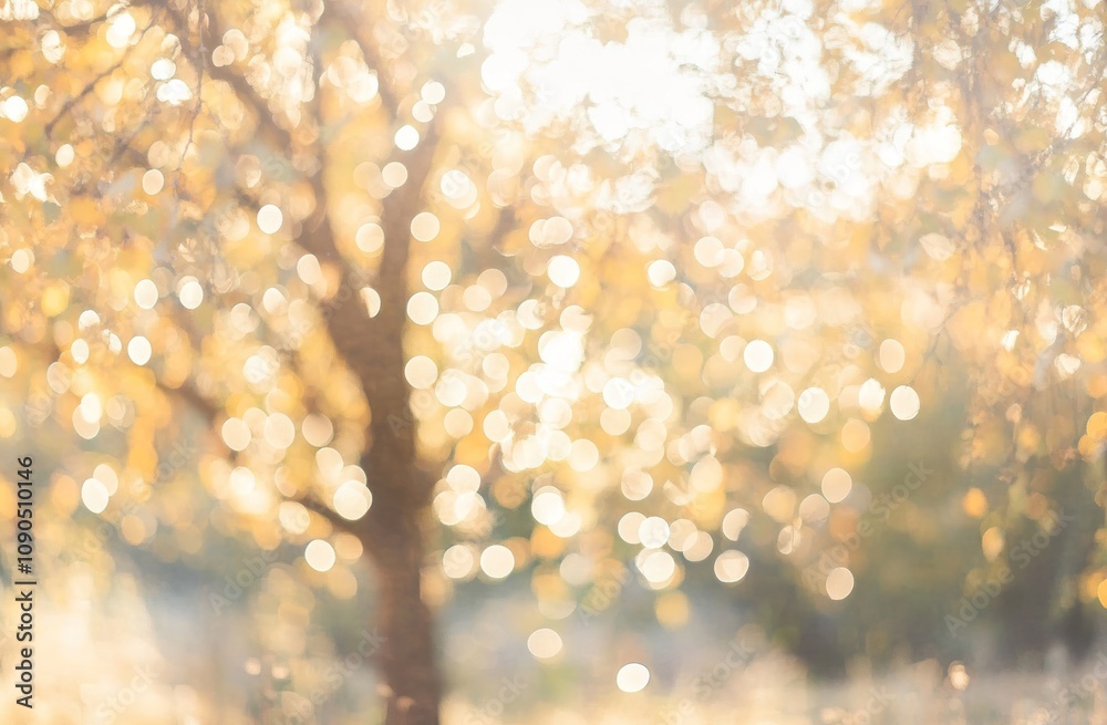 Leinwandbilder a soft-focus image of a tree with golden leaves, creating a serene, autumnal atmosphere.