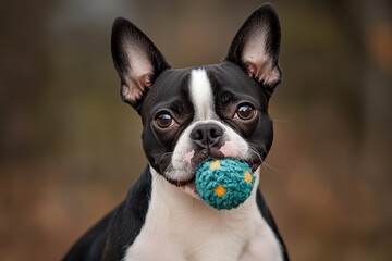 Fototapeta premium Boston Terrier with Toy in Mouth: A Boston Terrier holding a small squeaky toy