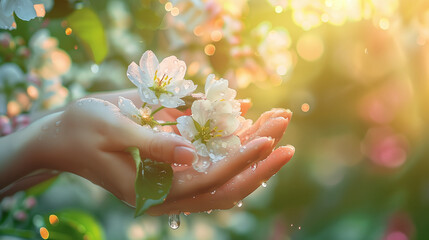 A woman's hand gently holds white apple blossoms with dewdrops resting on the petals, capturing a moment of natural beauty and delicate freshness.
