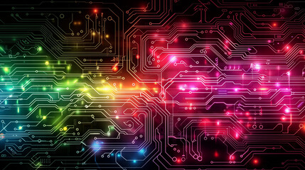 Vibrant chaotic circuit pattern bursting with bright colors, symbolizing advanced electronic technology development, innovation, and dynamic energy for futuristic digital and tech-related applications