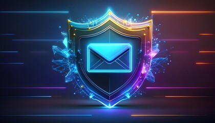 Fototapeta premium A vibrant, digital shield featuring an envelope icon, symbolizing email security and protection in a modern, tech-inspired design.