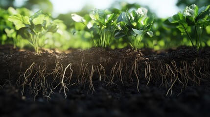 Close-up of green seedlings with visible roots in rich soil, showcasing the growth process in a vibrant, natural setting.