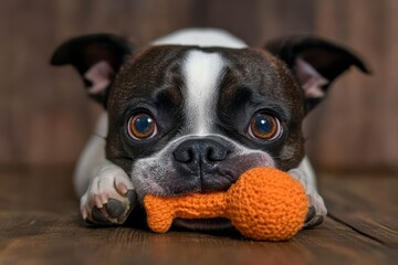 Boston Terrier with Toy in Mouth: A Boston Terrier holding a small squeaky toy
