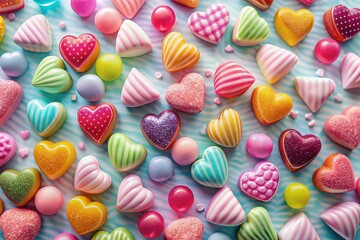 Fototapeta premium Heart Shaped Candies for Valentines Day: A Romantic Still Life Capture of Colorful Sweets, Perfect for Celebrating Love and Affection in Fashion Photography Settings