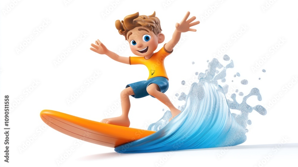 Wall mural A cheerful cartoon boy surfing on a vibrant orange board with splashing waves.