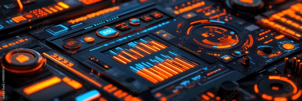 Poster a futuristic interface with glowing orange and blue elements, resembling a control panel.