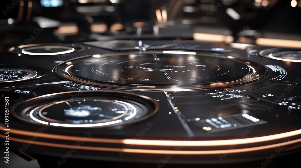 Aufkleber A futuristic control panel with glowing displays and navigation elements.