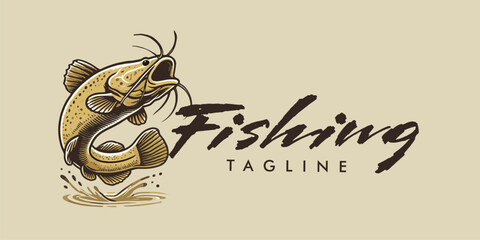 Flathead catfish hand drawn flat design illustration vector for fishing brand business