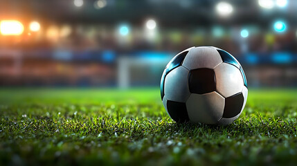 Fototapeta premium A Close Up of a Soccer Ball Resting on a Lush Green Field in Front of a Blurred Stadium Background