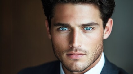 Obraz premium A man with a beard and blue eyes is wearing a suit and tie. He has a serious expression on his face