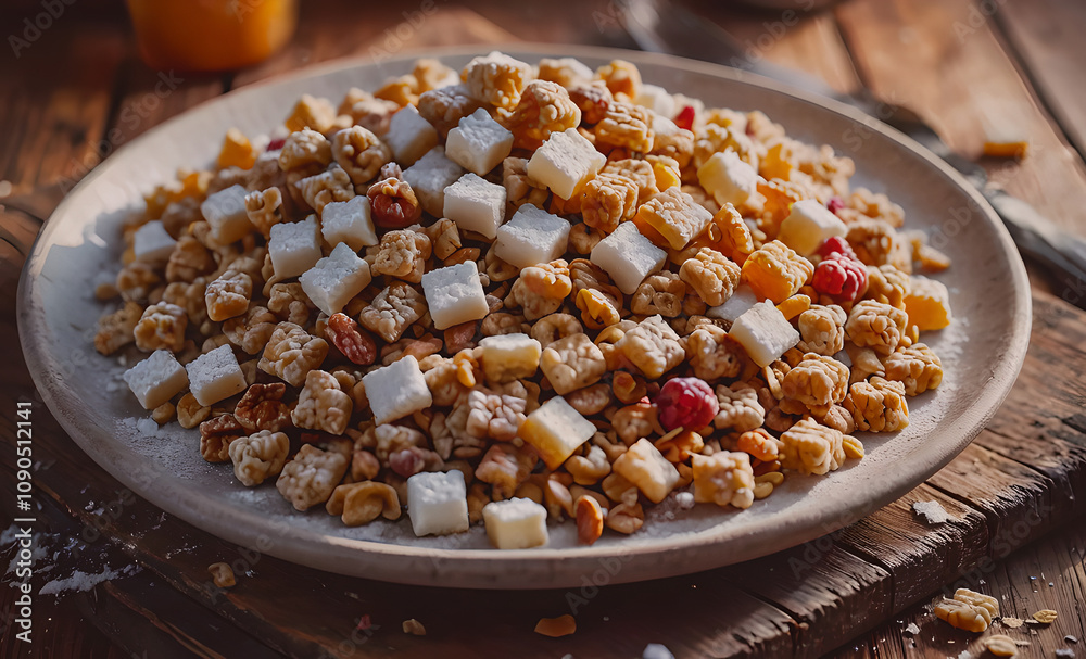 Aufkleber A white plate with a pile of cereal on it. The cereal is made up of different shapes and sizes