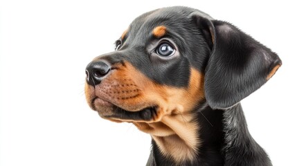Obraz premium A close-up of a young Rottweiler puppy, showcasing its expressive features and playful demeanor.