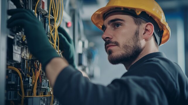 An intimate portrait of an electrician wiring control panels in a manufacturing facility, Manufacturing electrical installation scene, Technical and focused style