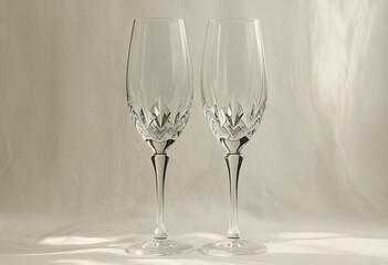 Obraz premium Elegant Crystal Champagne Flutes with Soft Shadows on Neutral Background for Luxury Design Themes