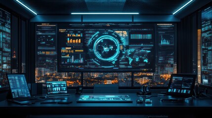 Fototapeta premium Futuristic Workspace with Holographic Display and Advanced Gadgets