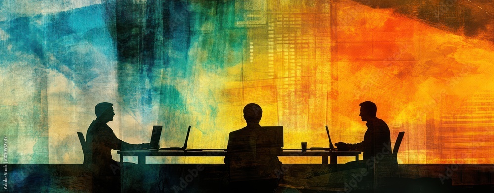 Aufkleber Silhouettes of individuals working on laptops against a colorful abstract background.