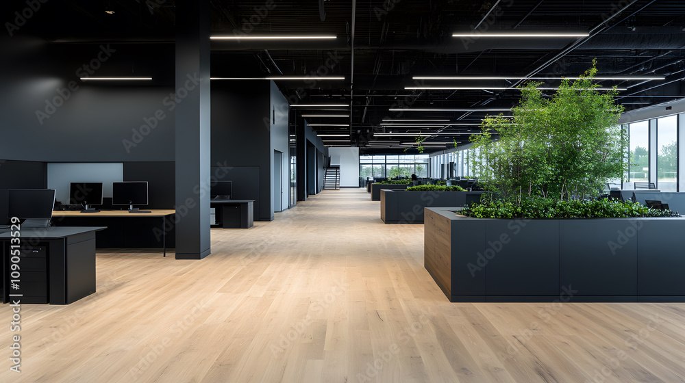 Poster modern office interior with greenery and open workspace design
