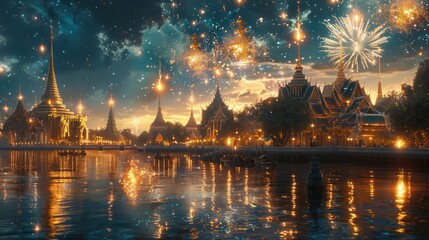Fototapeta premium A vibrant riverside cityscape illuminated by fireworks at dusk.