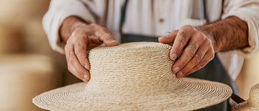 Close-up of hands crafting a straw hat, artisan workshop setting, detailed texture and tools, traditional hat-making