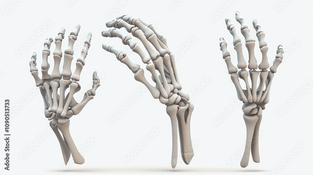 Poster three anatomical human hand skeletons displayed from different angles.