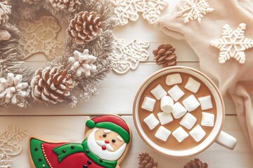 Obraz premium Cup of hot chocolate with marshmallows, a Santa-shaped cookie, frosted wreath, pinecones, and snowflake cookies on a white wooden surface in a festive Christmas setting