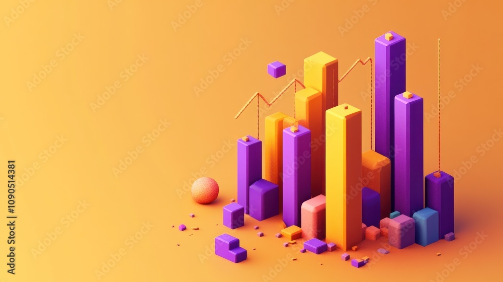 Poster A colorful 3D bar graph with geometric shapes representing data visualization.