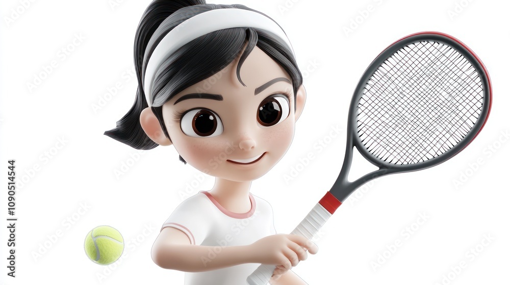 Poster a cheerful animated character holding a tennis racket with a ball nearby.