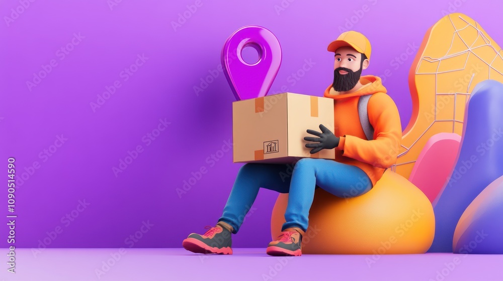 Aufkleber A delivery person with a package sits against a colorful backdrop with a location pin.