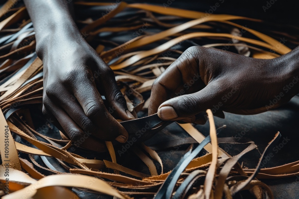 Poster hands working with strips of leather, showcasing craftsmanship and material preparation.