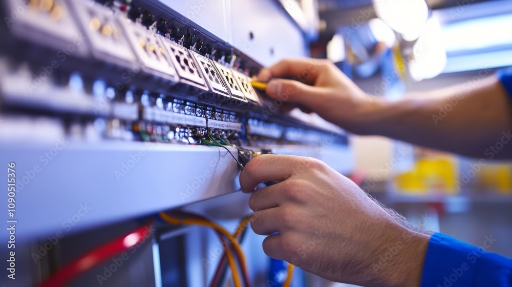 Poster an intimate portrait of an electrician wiring control panels in an industrial automation project, in